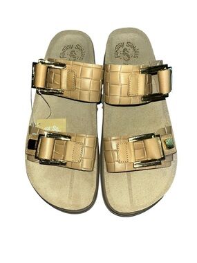 FANTASY SANDALS Made Greece Leather Adelita Two Band Gold Buckle Slide Sandals